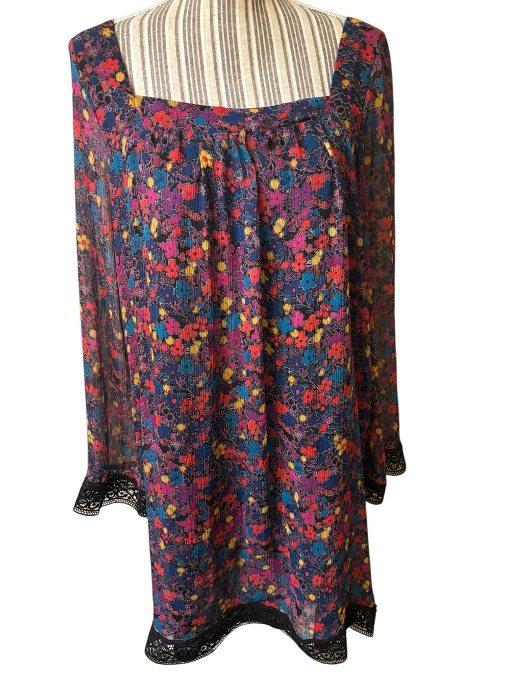 Olsenboye Dress XL Floral Chiffon Black Lace Trim Square-Neck Long Sleeves Lined